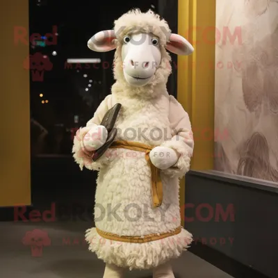 Produktbild von Beigefarbenes REDBROKOLY Schaf Maskottchen kostüm gekleidet in ein Etuikleid und Stirnbänder