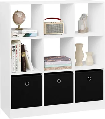 Produktbild von Bücherregal, Würfelregal, 9 Fächer, 3 Stoffschubladen | Weiß | 80x30x86,5 cm