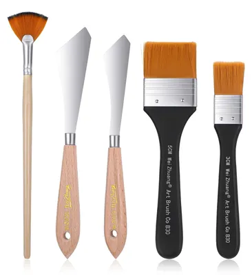 Produktbild von Ein 5-teiliges Pinselset mit Pinsel, Fächerpinsel und Palette für Acrylfarben