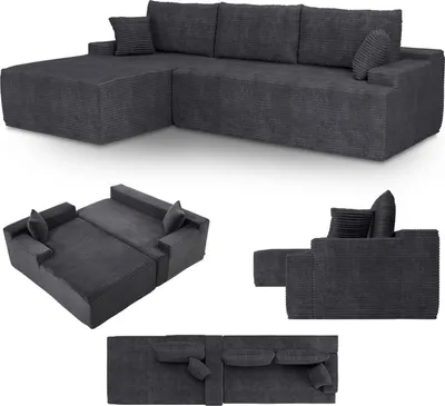 Produktbild von Juskys Sofa Coredo - Dunkelgrau, moderne Couch aus Cord mit Kissen, Ottomane links