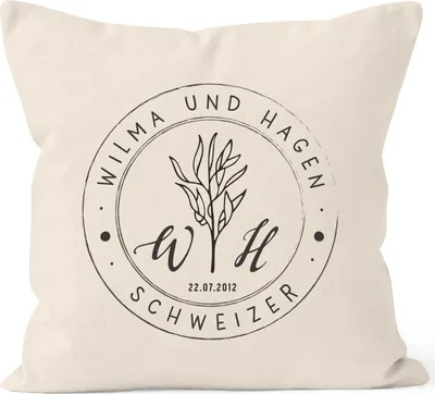 Produktbild von personalisierbare Kissen-Hülle zur Hochzeit mit Namen und Datum Stempel-Design Initialen Hochzeitsgeschenk SpecialMe® natur unisize