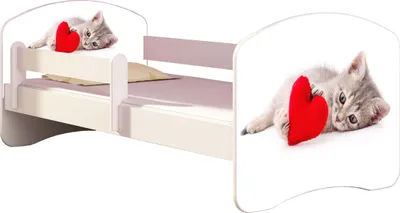 Produktbild von ACMA Jugendbett Kinderbett Junior-Bett Komplett-Set mit Matratze Lattenrost und Rausfallschutz Weiß 40 Katze mit Herz 180x80