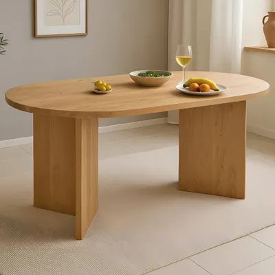 Produktbild von Esstisch Laurie | 160 x 90 cm | Akazienholz massiv | Farbe: Naturfarben | Oval mit gerader Kante | V-Gestell Holz | Esszimmertisch/Küchentisch aus Massivholz