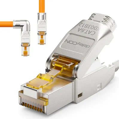 Produktbild von deleyCON 1x CAT 6a Netzwerkstecker 90° Winkel Stecker RJ45 Werkzeuglos Geschirmt 10Gbit/s Netzwerk Stecker für Rohkabel Verlegekabel Steckverbinder RJ45 Ethernet LAN DSL Patchkabel