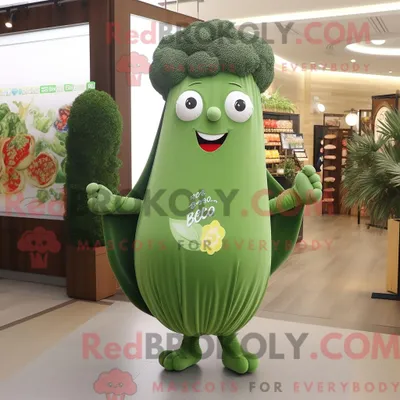 Produktbild von Maskottchenfigur REDBROKOLY eines Olivenbrokkoli bekleidet mit einem einteiligen Badeanzug und Schalnadeln