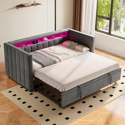 Image de Canapé-lit de jour 90x190 cm avec couchage extensible et port USB-C – Lit avec rangement et éclairage LED, gris foncé, comprenant un sommier à lattes – Lit d'appoint multifonctionnel pour petits appartements et chambres d'étudiants