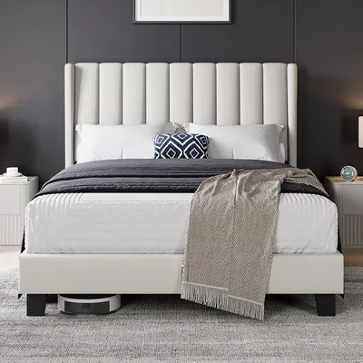 Produktbild von Polsterbett 140 x 200 cm Bettrahmen Stabiles Doppelbett Familienbett Gepolstertes Bettgestell Bett mit Stauraum für Schlafzimmer Gästezimmer, Beige | Familienbett Gepolstertes Bettgestell Bett mit Stauraum für Schlafzimmer Gästezimmer