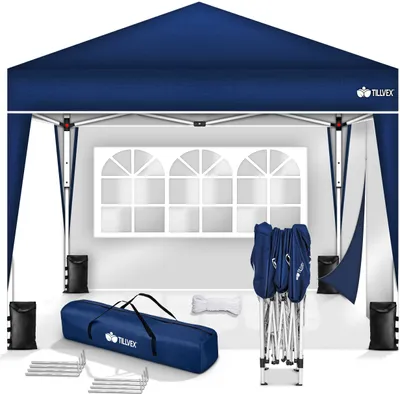 Produktbild von tillvex Pavillon 3x3m Blau - mit 2 Seitenteilen wasserdicht | Pop-Up Faltpavillon höhenverstellbar | Gartenzelt UV Schutz 50+ | Partyzelt mit Tasche für Garten