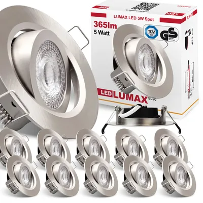Produktbild von Maxkomfort GmbH Einbaustrahler Eisen gebürstet, dimmbar, schwenkbar, ultraflach, rund, LED 5W 230V, Warmweiß 3000K 400lm, IP20, SL-90 Kunststoff, Ø90x35mm, Loch Ø72mm, für Wohnraum, 12 Stück