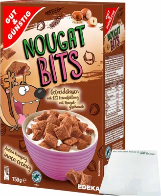 Produktbild von Gut & Günstig Nougat Bits Getreidekissen mit cremiger Nougatfüllung (750g Packung) + usy Block