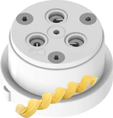 A close-up of a pasta maker attachment with pasta emerging from it.