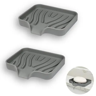 Image de 2 supports en silicone pour savon avec égouttoir, couleur gris