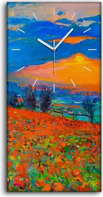 Produktbild von Wanduhr Bürouhr Leinwand Bild 30x60 bunte Mohnblumen und Sonnenuntergang - weiße Hände