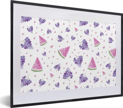 Produktbild von MuchoWow® Gerahmtes Poster Weintrauben - Wassermelone - Pastell 40x30 cm - Poster mit Schwarzem Bilderrahmen Wandposter Rahmen Foto Bilder - Bilderrahmen - Poster im Rahmen