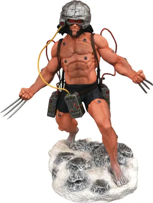A statue of the Marvel character Wolverine in his Weapon X form, standing on a snowy base.