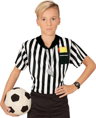 A young boy dressed as a soccer referee, holding a soccer ball.
