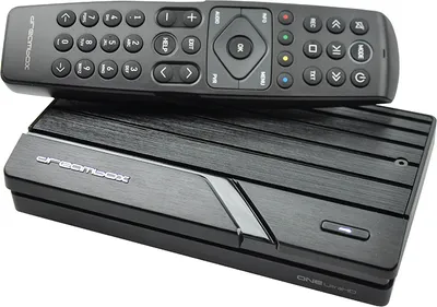 A black satellite receiver and its remote control are displayed on a white background.