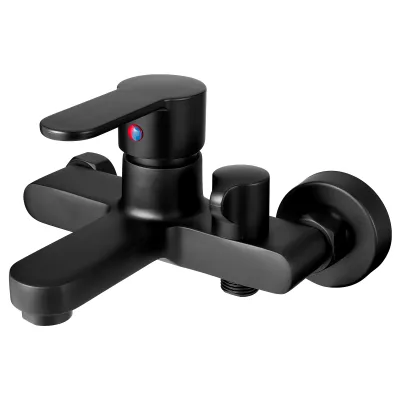 A black bathtub faucet with a single lever is shown against a white background.