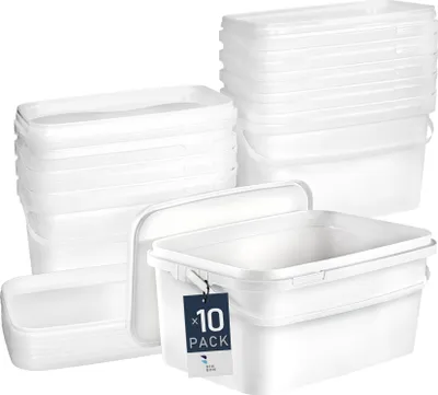 A collection of white rectangular buckets with lids, stacked and arranged on a white background.