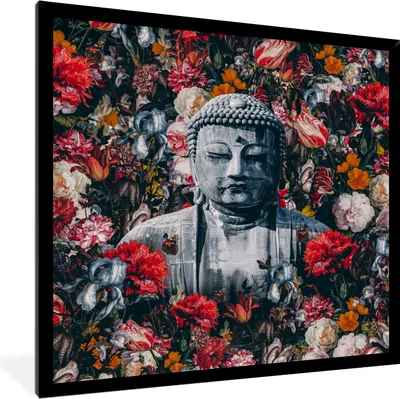 Produktbild von MuchoWow® MuchoWow® Gerahmtes Poster Buddha - Blumen - Rot 40x40 cm - Poster mit zchwarzem Bilderrahmen - Mit Rahmen - Wanddekoration Schlafzimmer