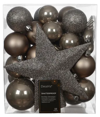 Produktbild von Weihnachtskugeln Kunststoff mit Stern 33er Set - Rauchperle