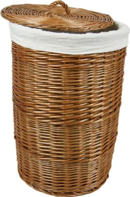 A wicker laundry basket with a white fabric liner and a lid, shown against a white background.