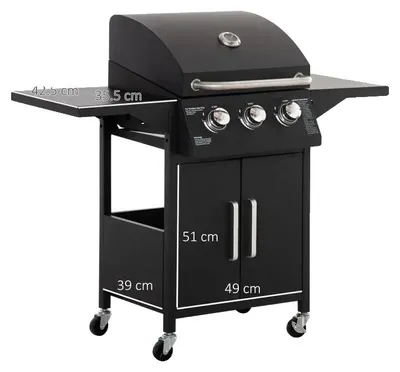 Zdjęcie produktu dla Grill gazowy, 3 palniki, moc 3 kW, wymiary 121 x 55 x 109 cm, mobilna konstrukcja, czytelny termometr