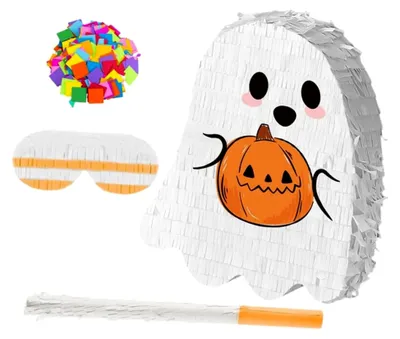 Produktbild von Halloween-Geister-Piñata zum Befüllen mit Süßigkeiten für die Partydekoration, hängend in Horrorform für Innen- und Außenbereich als Gastgeschenk