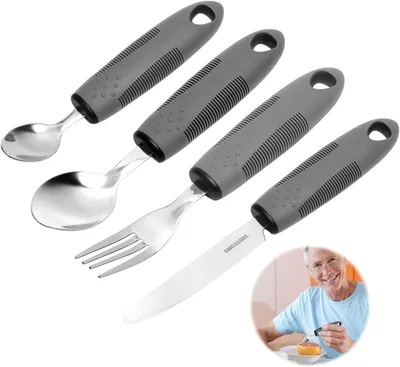 Imagen del producto de Cubiertos ergonómicos para personas mayores, juego de 4 piezas, con mangos gruesos antideslizantes, de acero inoxidable, para la cocina