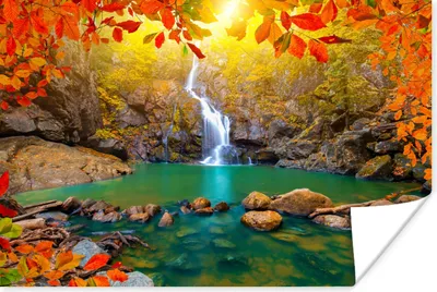 Produktbild von MuchoWow® Poster Steine - Baum - Wasserfall - Herbst - Rot 120x80 cm - Bilder