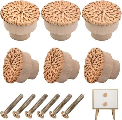Produktbild von Famanu Möbelknöpfe aus Rattan, Vintage-Design, 6 Stück - Holz