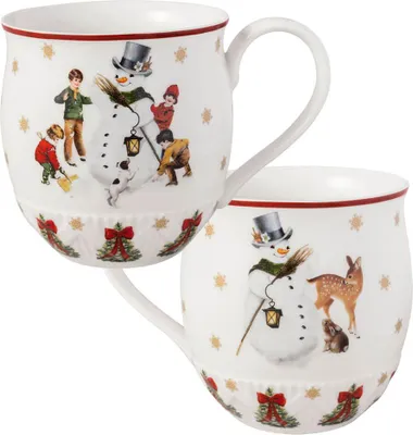 Two mugs with a Christmas-themed snowman design.