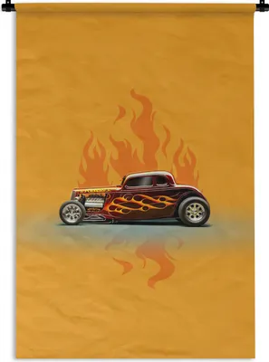 Produktbild von MuchoWow® Wandteppich Wandbehang Auto - Flammen - Rot - Vintage 120x180 cm Tapisserie Dekoration Wandtuch - Schlafzimmer - Dekorationen für das Haus