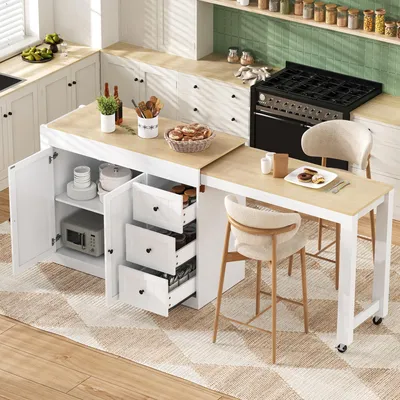 Obrázek produktu pro MODFU Kuchyňský ostrůvek s regálem na koření a zásuvkami, Buffetschrank s vysouvacím jídelním prostorem, Mobilní kuchyňský ostrůvek na kolečkách, bílá