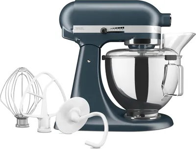 A blue KitchenAid stand mixer with attachments on a white background.