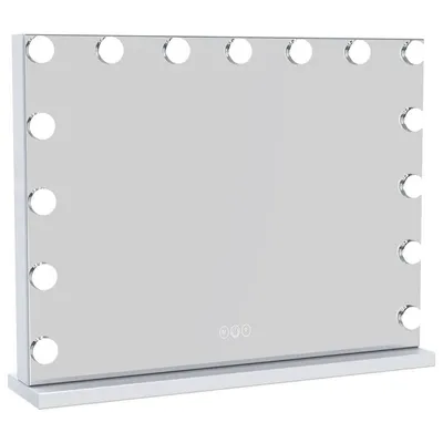 A vanity mirror with lights on a white stand.
