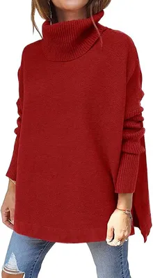 Produktbild von ASKSA Damen Rollkragenpullover Strickpullover Einfarbig Fledermausärmel Pullover, Weinrot, M