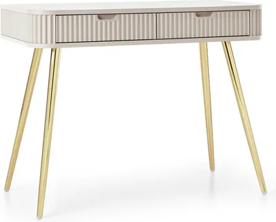 Obrázek produktu pro Toaletní stolek 100 cm Gerly - Loft, kovové nohy, žebrované čela - Psací stůl se zásuvkami (béžová / zlatá)