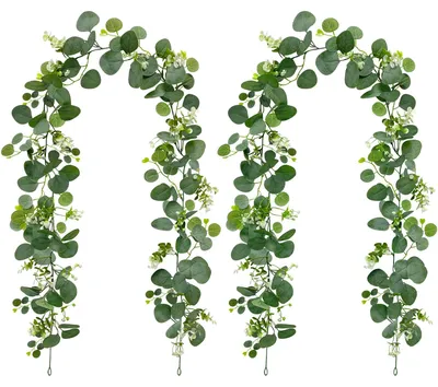 Eukalyptus-Girlande mit weißen Blumen, 2 Stück, Grün, 180 cm