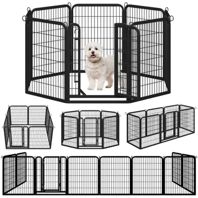 A collage of different configurations of a black metal dog playpen, with a small white dog inside one of the configurations.