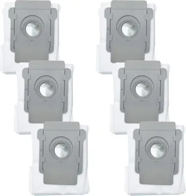A product shot of six vacuum cleaner bags arranged in two columns of three.