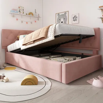 Image de OKWISH Lit Coffre 90x200 cm - Lit Simple avec Sommier à Lattes, Lit avec Rangement et Revêtement en Velours, Lit Ado, Sans Matelas - Rose