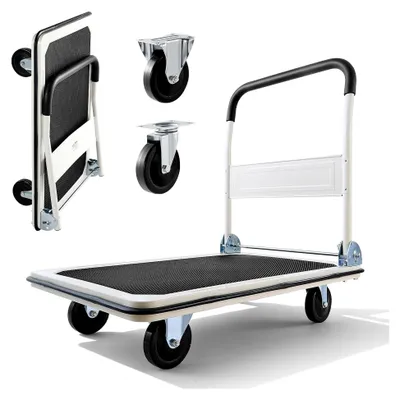 Produktbild von Klappbarer Plattformwagen 300 kg, Transportwagen mit Lenkrollen, Handwagen mit rutschfester Ladefläche, praktische Transporthilfe für einfache Aufbewahrung, 900x610x870 mm