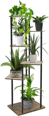 Produktbild von Hochwinklige 6-Schicht Pflanzständer - groß 114 cm - mehrere Pflanzen - Holz-Metall Pflanzständer - Balkon Wohnzimmer Garten Außen