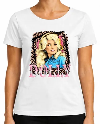 Zdjęcie produktu dla Damska koszulka z nadrukiem "Dolly Parton, ikona country, wschodnioamerykańska piosenkarka, motyw kowbojski", kolor biały, rozmiar L