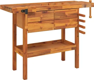A wooden workbench with drawers and vises, presented on a white background.