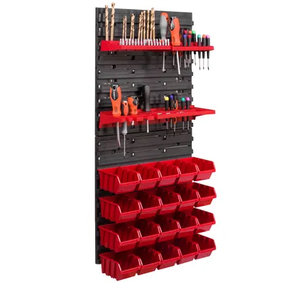 Image de Panneau d'outils mural 39 x 78 cm avec 20 pcs. Boîtes de suspension avec jeu de supports en plastique