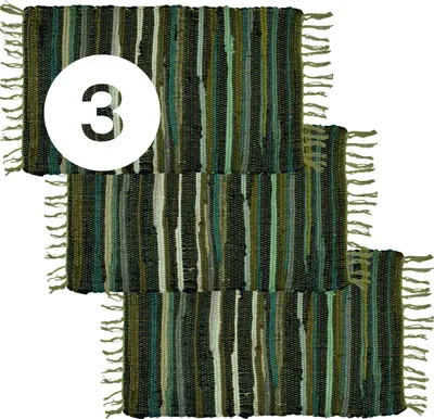 Produktbild von MARRAKESCH 3er Set Teppich Läufer handgewebt Baumwolle Rug klein 50x90 cm | Boho Streifen Teppiche aus Baumwolle mit Fransen | Dunkelblauer Fußmatte Vorleger | Wohnzimmer, Küche, Flur