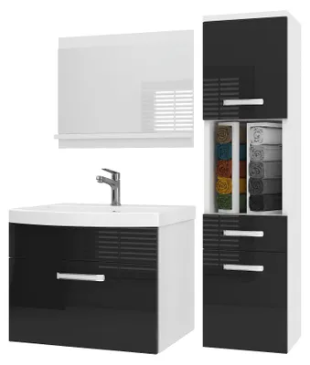 Produktbild von BELINI Badmöbel Set PRI P3 90 cm Schwarz Hochglanz - Moderner Badschrank mit Waschbecken & Spiegel, Vollausstattung Wandmontage