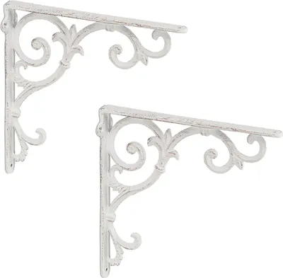 Produktbild von Relaxdays Regalwinkel antik, 2er Set Gr. M, Regalträger Gusseisen, Barocke Ornamente, Winkel für Regale, Vintage, weiß